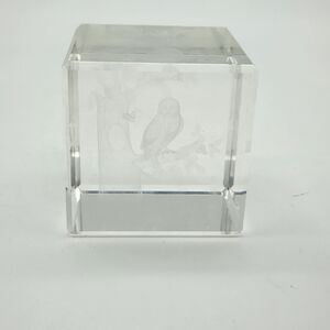 VTG Carved Lucite Acrylic Owl in Tree Paperweight Sculpture Block, Clear Lucite